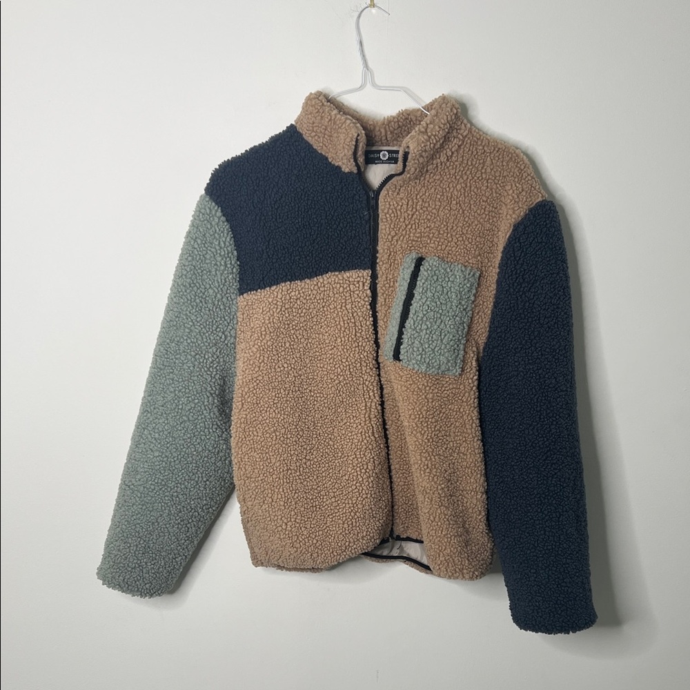Daisy Street Colorblock Sherpa Teddy Zip Up Fleece Jacket